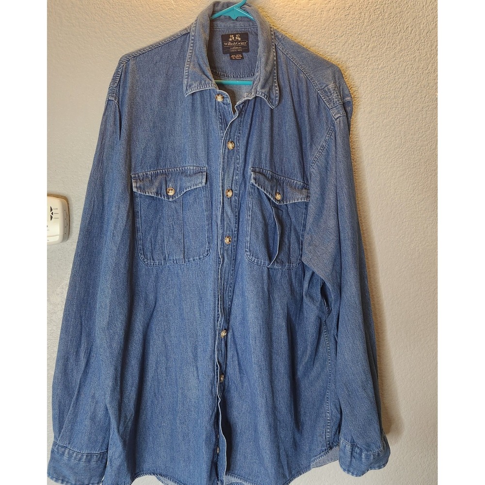 Vtg Willis & Geiger Mens XL Tall Med Wash Denim Shirt Double Flap Safari Work